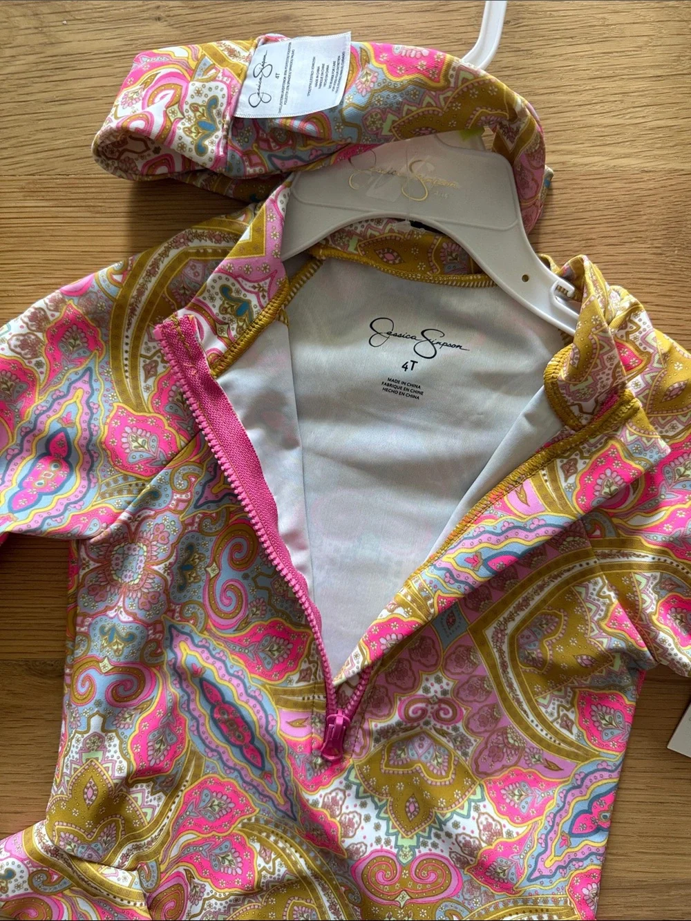 NWT Jessica Simpson girl L/As Rash Guard Swimsuit - Pink & Gold Paisley 4T